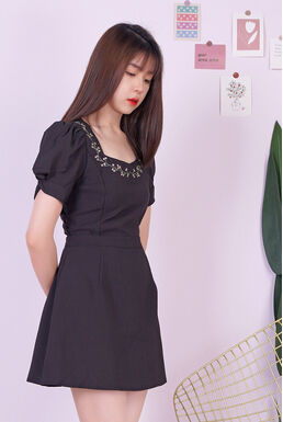 Floral Embroidered Square Neck Knot Sleeve Skirt Playsuit (Black)